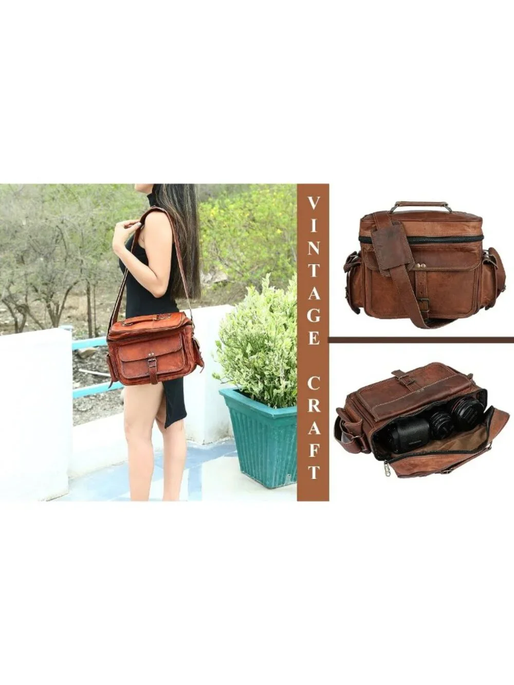 Vintage Leather Messenger Bag - DSLR Shoulder Satchel for Travel & Photography